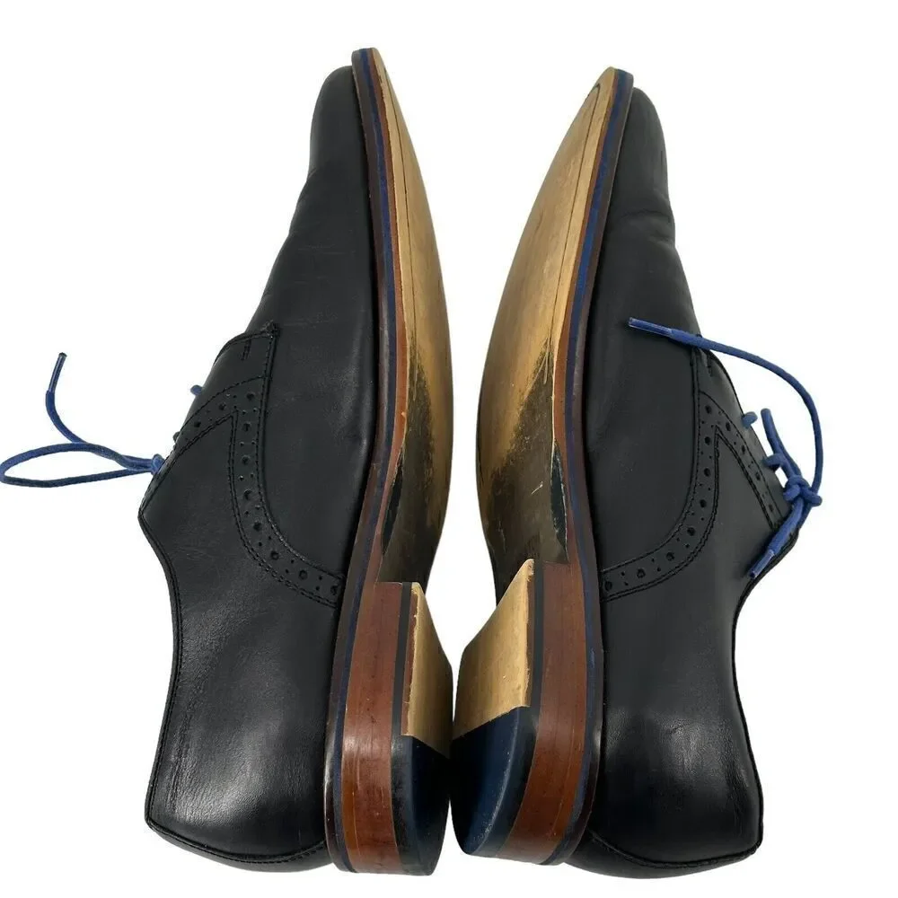 Johnston Murphy Oxford Shoes Conrad Plain Toe Black Leather Blue Detail Men 10.5